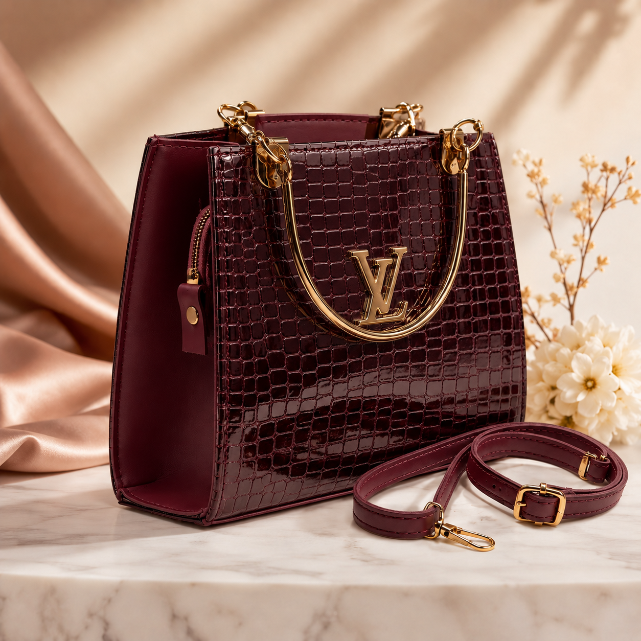 Luxury White Crocodile Texture Handbag with Gold Chain Handle